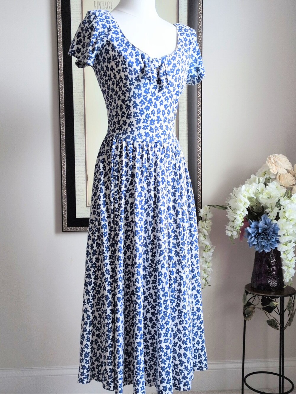 David Benjamin Blue Floral Midi Dress Shoulder Pads Fit & Flare Size 6